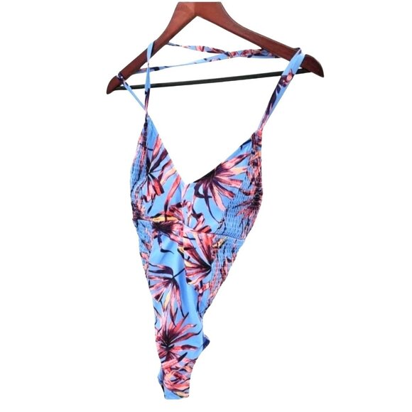 Jessica Simpson S One-Piece Tropical Cross Back Smocked Swimwear V-neck Swimsuit - Picture 3 of 12